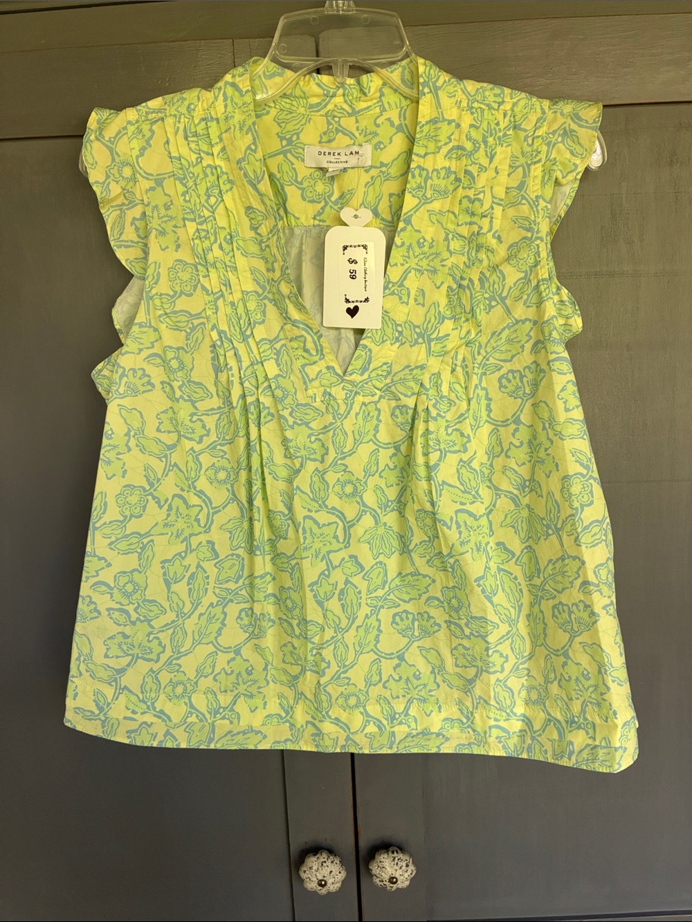 Derek Lam Yellow Green Floral V-Neck Cap Sleeve Top size 44 think medium